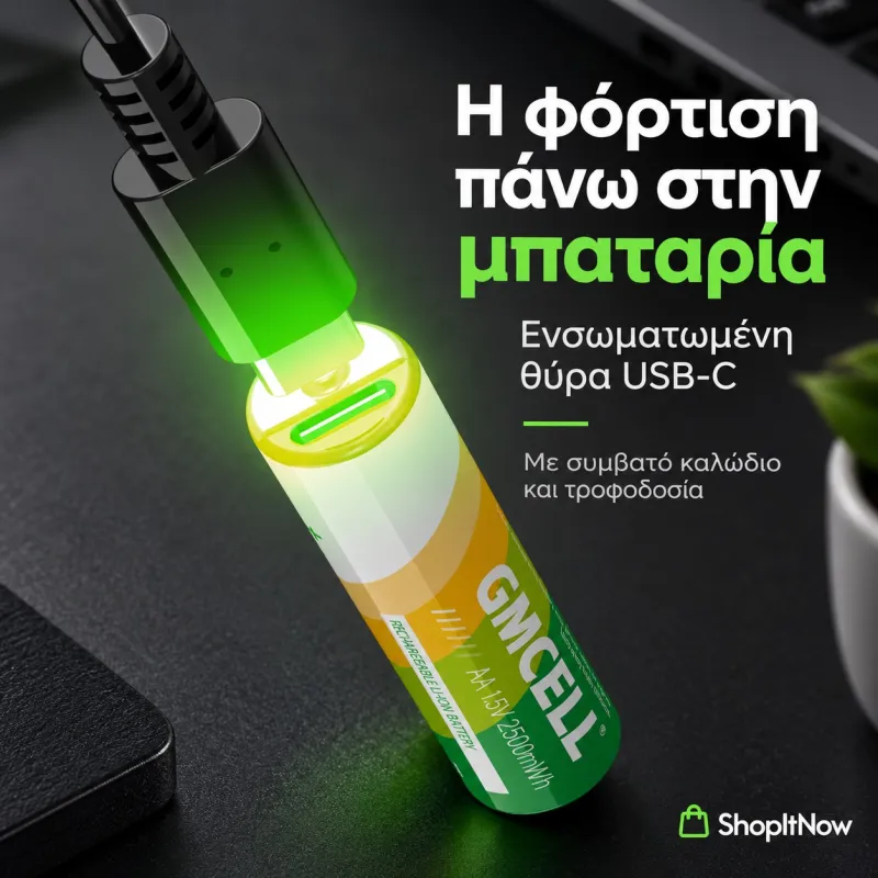Επαναφορτιζόμενες μπαταρίες λιθίου (Li-Ion) CMCELL μεγέθους AA, 1.5V με θύρα USB