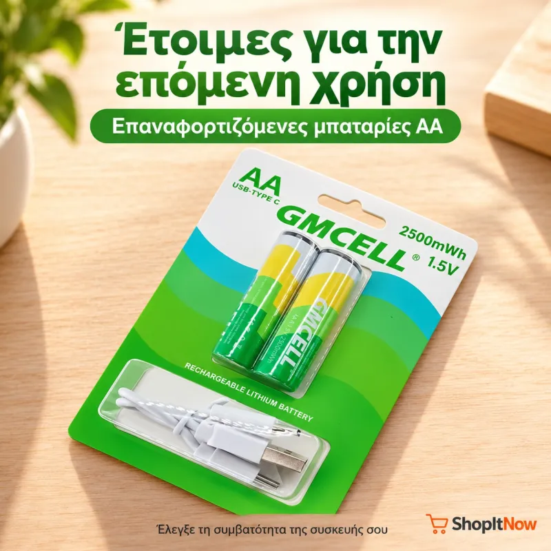 Επαναφορτιζόμενες μπαταρίες λιθίου (Li-Ion) CMCELL μεγέθους AA, 1.5V με θύρα USB