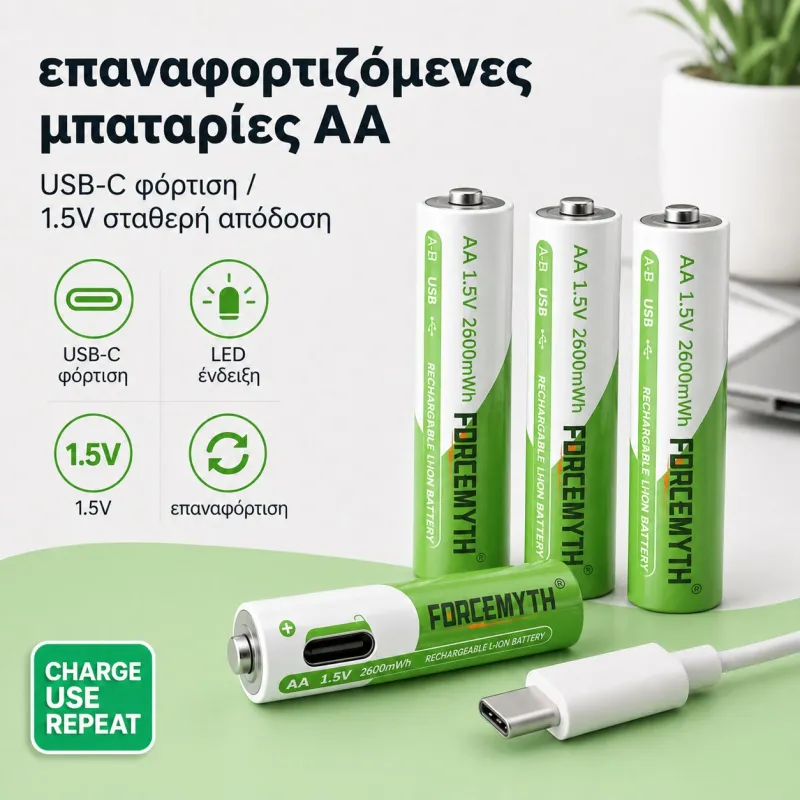 Επαναφορτιζόμενες μπαταρίες λιθίου (Li-Ion) CMCELL μεγέθους AA, 1.5V με θύρα USB